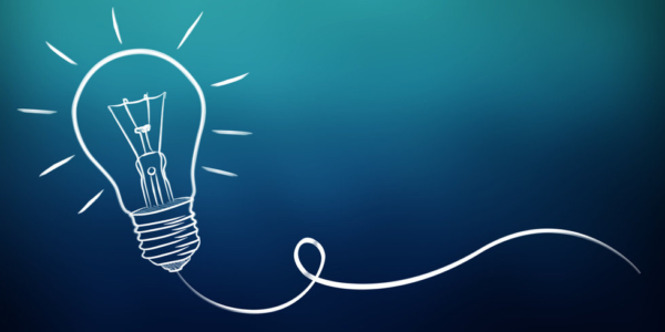 Hand-drawn lightbulb sketch on blue background