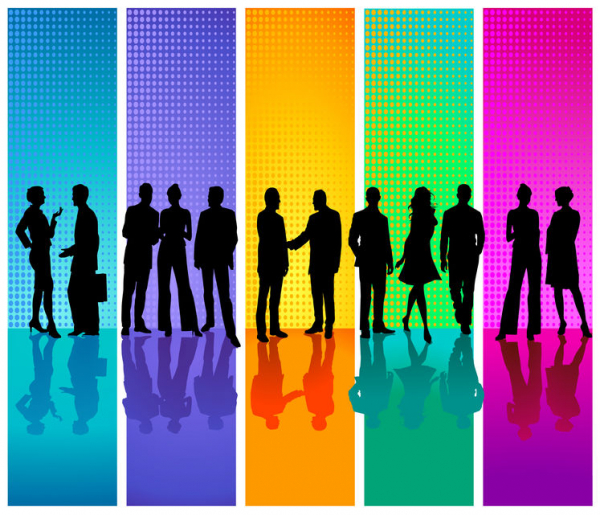 Rainbow colors in the background with figures of people
