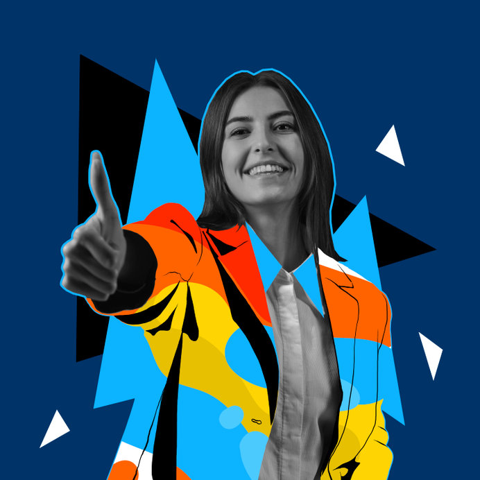 Contemporary art collage of smiling woman showing delightful like gesture isolated over blue background with multicolored geometric figures design