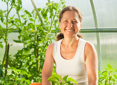 Woman picking peppers in her ecosystem.